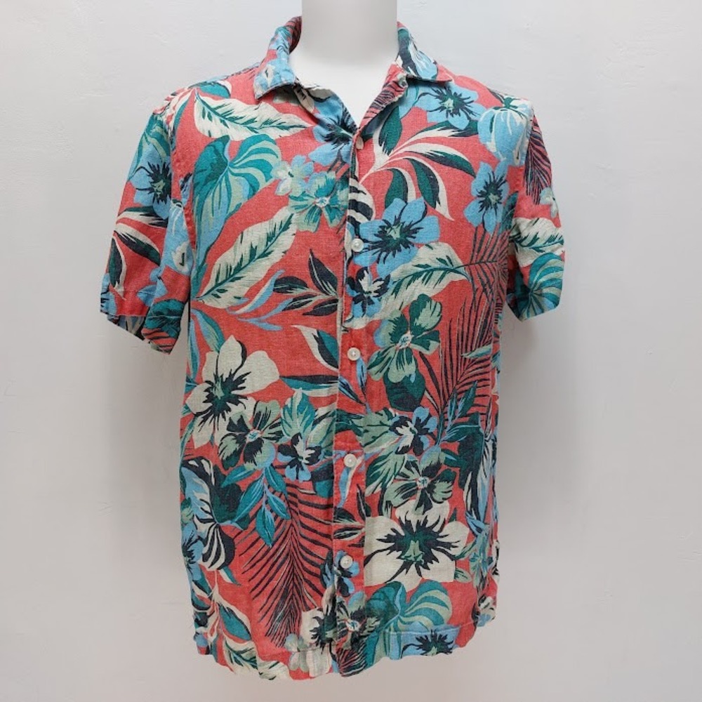 C&C California Button Down Men's Tropical Floral Linen Shirt Medium Coral Teal